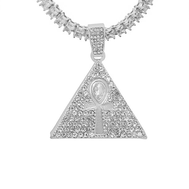 White Gold-Tone Iced Out Hip Hop Bling Symbol Of Life Ankh Cross Pendant 1 Row Square Cubic Zirconia Princess Cut Stones Tennis Chain 24 Necklace Choker Chain 